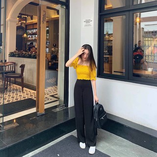 Sét bộ áo thân nhún phối quần ống đứng đen cute TTSA0161