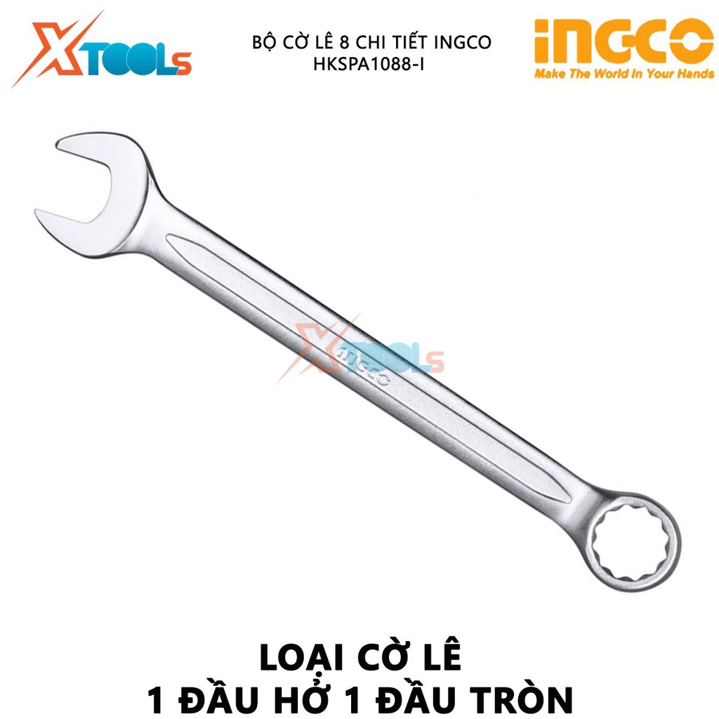 Bộ cờ lê vòng miệng 8 chi tiết INGCO HKSPA1088-I | Bộ 8 cờ lê vòng miệng kích thước 6-19mm (6mm,8mm,10mm,13mm,14mm,15mm,