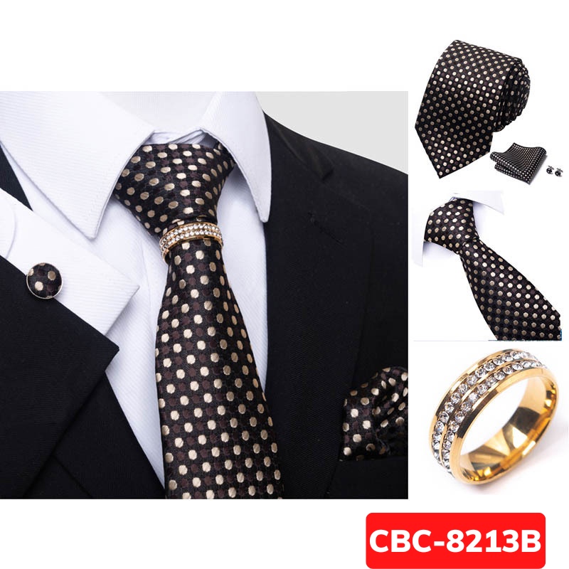 Bộ Cà vạt 4 món gồm Cavat 8cm, khăn cài túi, Măng-set, Nhẫn tròn phụ kiện, Cravat chú rể, Calavat công sở CBC-8213