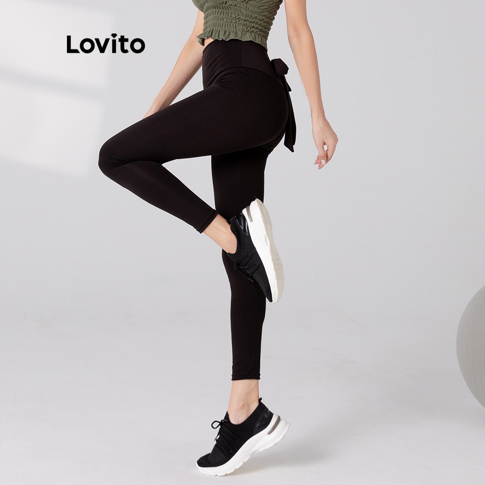 Quần Legging Lovito Phong Cách Thể Thao Nhanh Khô Màu Trơn Thắt Nơ Lưng L05227 (Đen) | BigBuy360 - bigbuy360.vn