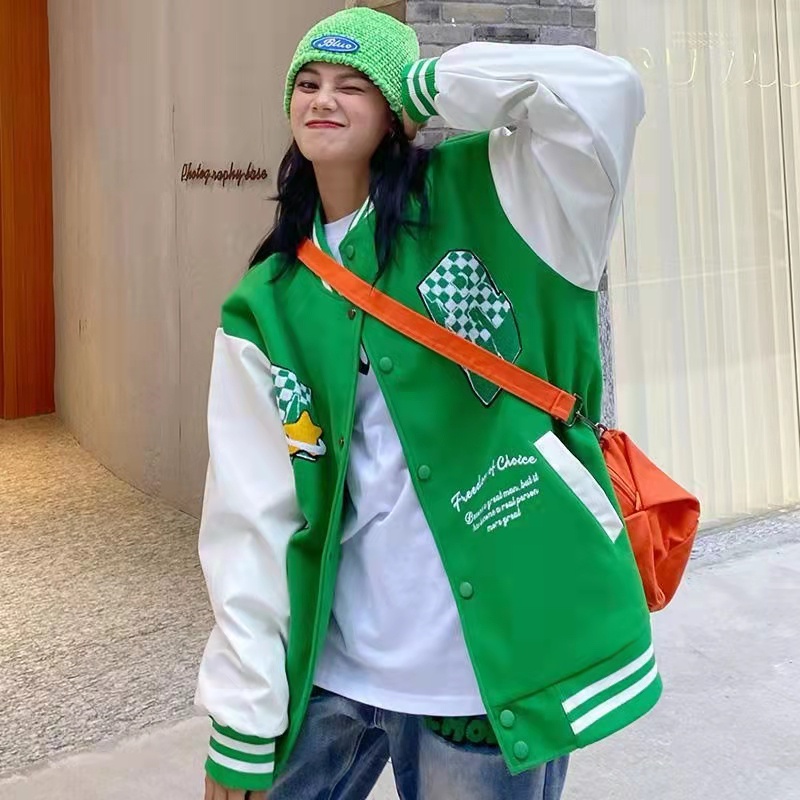 Áo bomber nam Thêu tay áo da /Áo khoác bóng chày dáng rộng thêu họa tiết phong cách retro thời trang năng động cho nữ