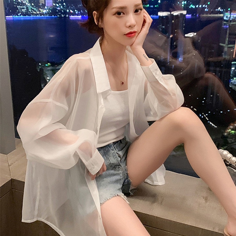 Áo sơ mi voan mỏng nữ form rộng, Sơmi vải voan trắng lụa đẹp, Áo khoác ngoài xuyên thấu NgaTitt.store