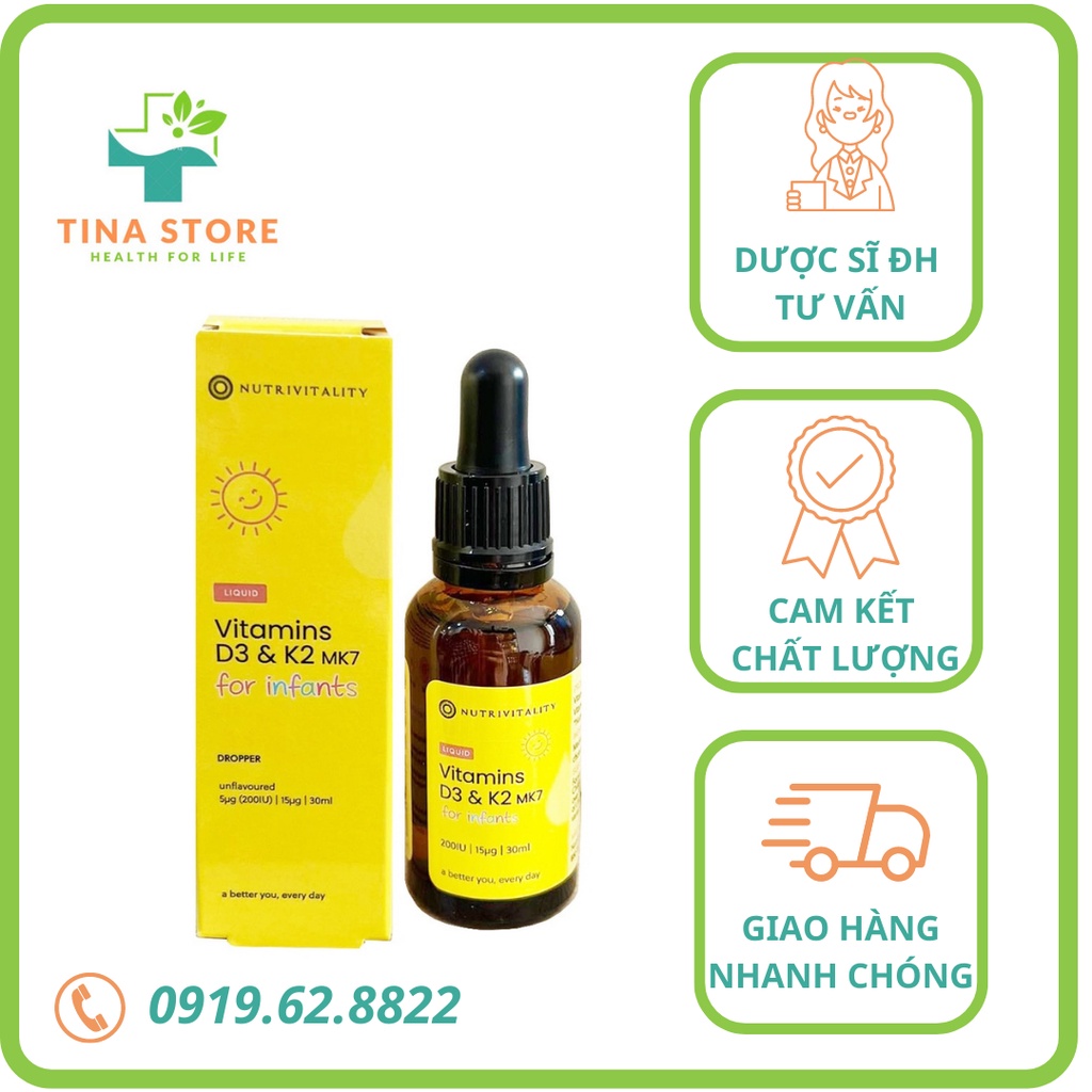 Vitamin D3 K2 MK7 nutrivitality Anh Quốc dùng được cho bé từ 0 tháng