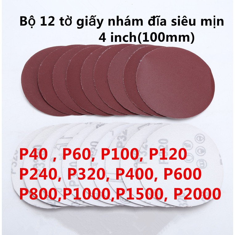 Bộ 12 tờ giấy nhám đĩa siêu mịn 4 inch