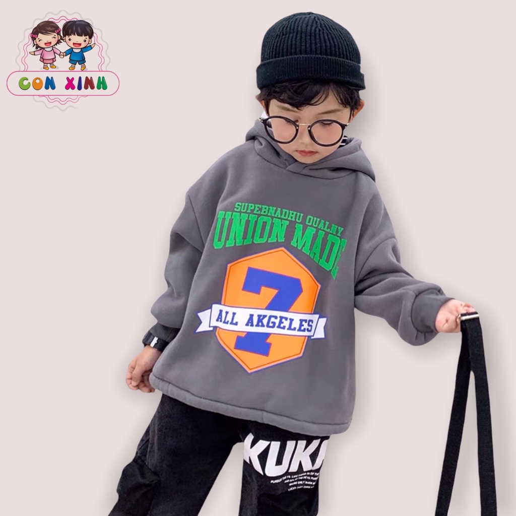 Áo hoodie unisex CONXINH form rộng nỉ nam nữ Số 7 Akgeles,thời trang thu đông cho trẻ em từ 4 đến 10 tuổi