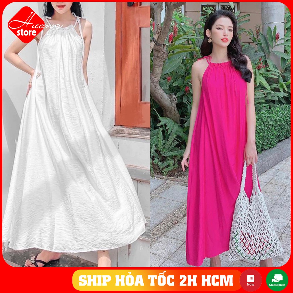 [⚡𝗡𝗲𝘄 𝗔𝗿𝗿𝗶𝘃𝗮𝗹] Đầm maxi cổ yếm buộc nơ (Vàng, trắng, hồng)