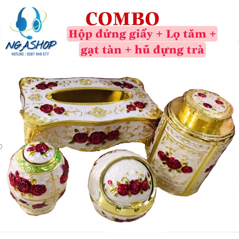 Combo (Hộp đựng giấy ăn+Gạt tàn+Lọ tăm+Hũ đựng trà )phong cách hoàng gia cổ điển cao cấp để bàn mạ màu vàng ,đỏ ,trắng