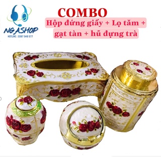 Combo (Hộp đựng giấy ăn+Gạt tàn+Lọ tăm+Hũ đựng trà )phong cách hoàng gia cổ điển cao cấp để bàn mạ màu vàng ,đỏ ,trắng