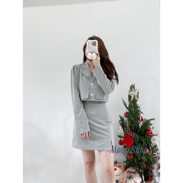 Set áo vest croptop caro nhỏ 2 túi nắp giả kèm chân váy chữ A xẻ tà Ảnh thật/ sẵn