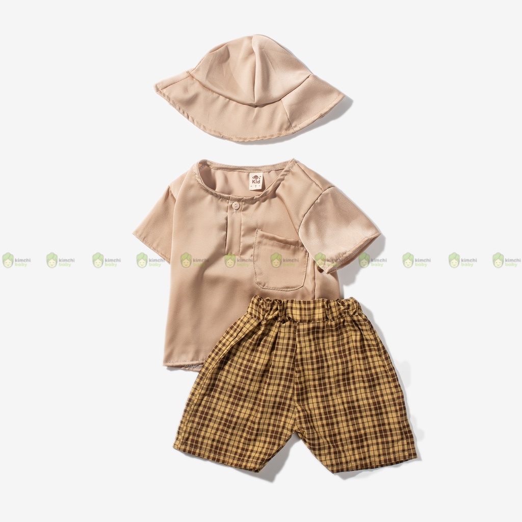 [KÈM MŨ] Set Bộ Thô Đũi Trơn Bé Trai Cúc Ngực Quần Kẻ, Bộ Quần Áo Cho Bé Mặc Đi Chơi CK21