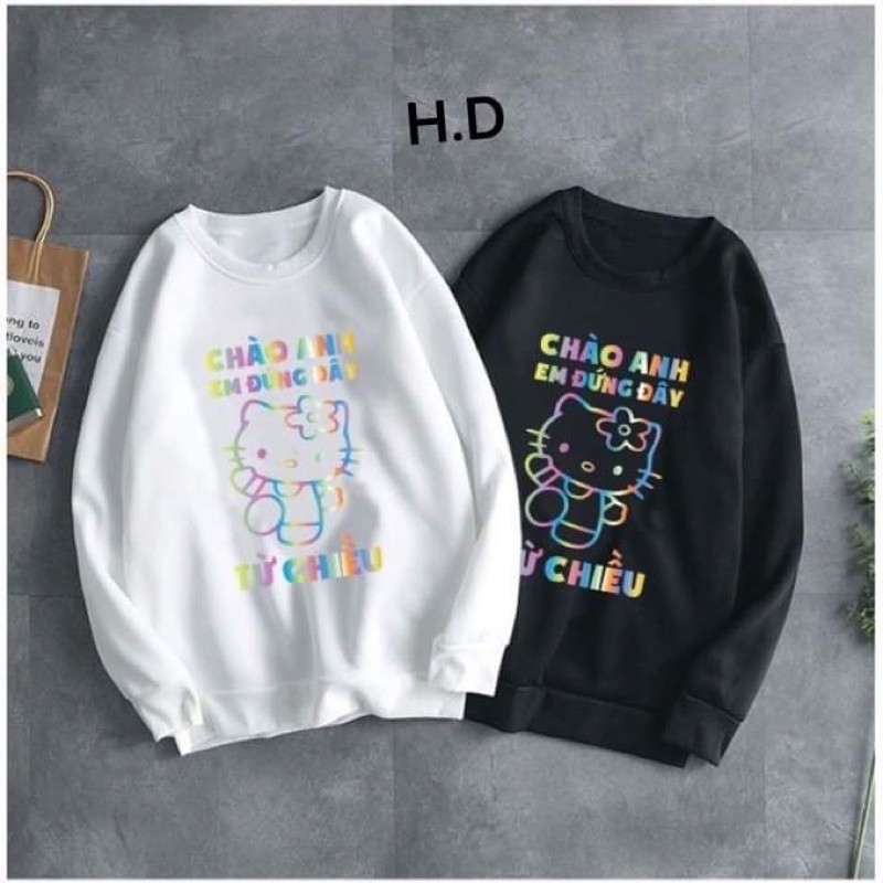 Áo nỉ phản quang mèo chào anh HĐ12, Áo nỉ Unisex from rộng, Chất nỉ ấm mặc không xù, thiết kế phong cách - MODY