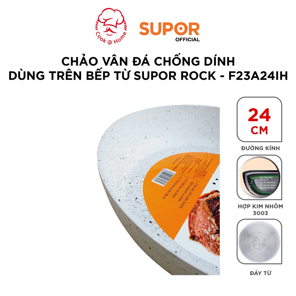 Chảo vân đá chống dính dùng trên bếp từ Supor Rock size 24, 26, 28cm -F23A24IH/F23A26IH/F23A28IH
