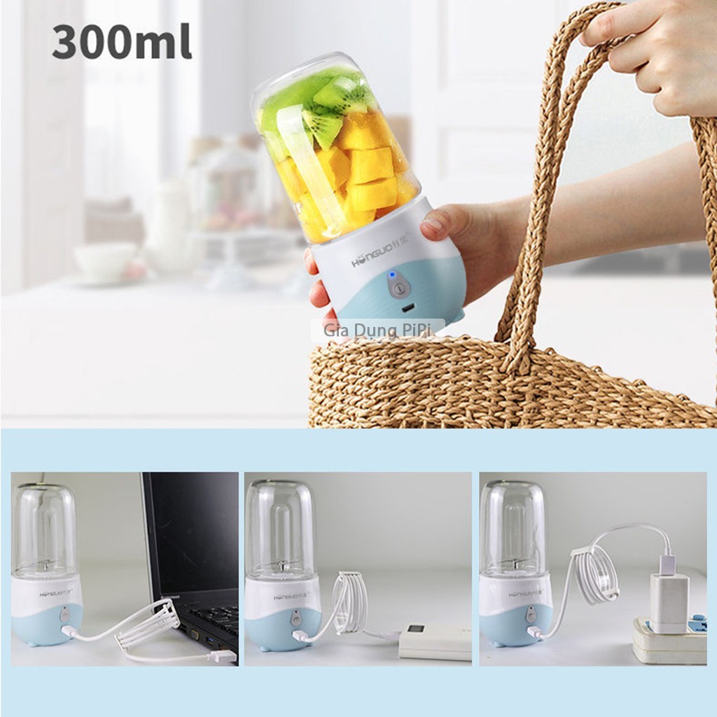 Máy Xay Sinh Tố Honguo 300ml Sạc Pin USB Siêu Tiện Lợi,Lưỡi Inox 304 Cao Cấp [ XAY ĐÁ ]