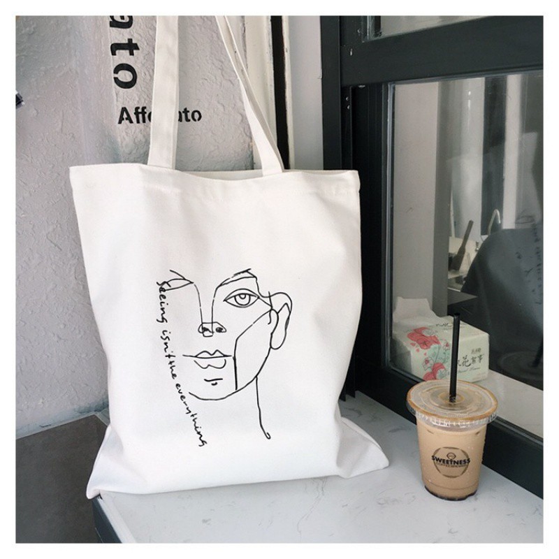 [Hàng Chất Lượng]Túi tote vải canvas mềm đi học đi làm cho nữ đeo vai hình mặt người Hot Trend có khóa miêng tiện dụng