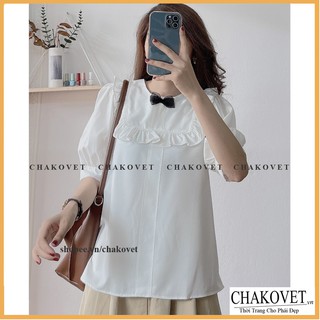 Áo sơ mi nữ trắng cộc tay cka820, kiểu áo công sở thiết kế cổ bèo nơ đen phong cách Pháp