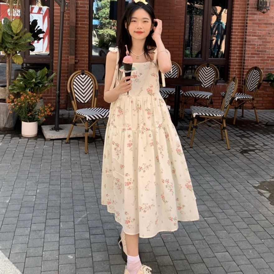 Đầm 2 Dây Nơ Hoa Nhí Hồng Nữ 🌸FREESHIP🌸Váy midi dáng suông mặc đi biển bánh bèo tiểu thư hàn quốc Ulzzang 🌸