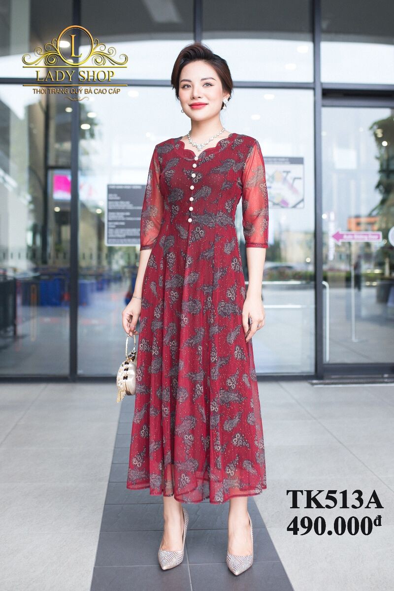 THỜI TRANG QUÝ BÀ TRUNG NIÊN CAO CẤP - LADYSHOP - Đầm thun lưới cổ hoa đuôi công đỏ TK513 | BigBuy360 - bigbuy360.vn