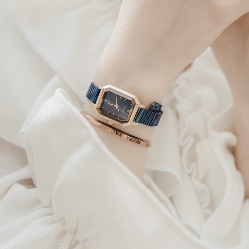 Đồng hồ nữ mặt vuông GEDI xanh dương đồng hồ nữ mặt nhỏ dây kim loại phong cách Hàn Quốc Watchesbytif size 26mm