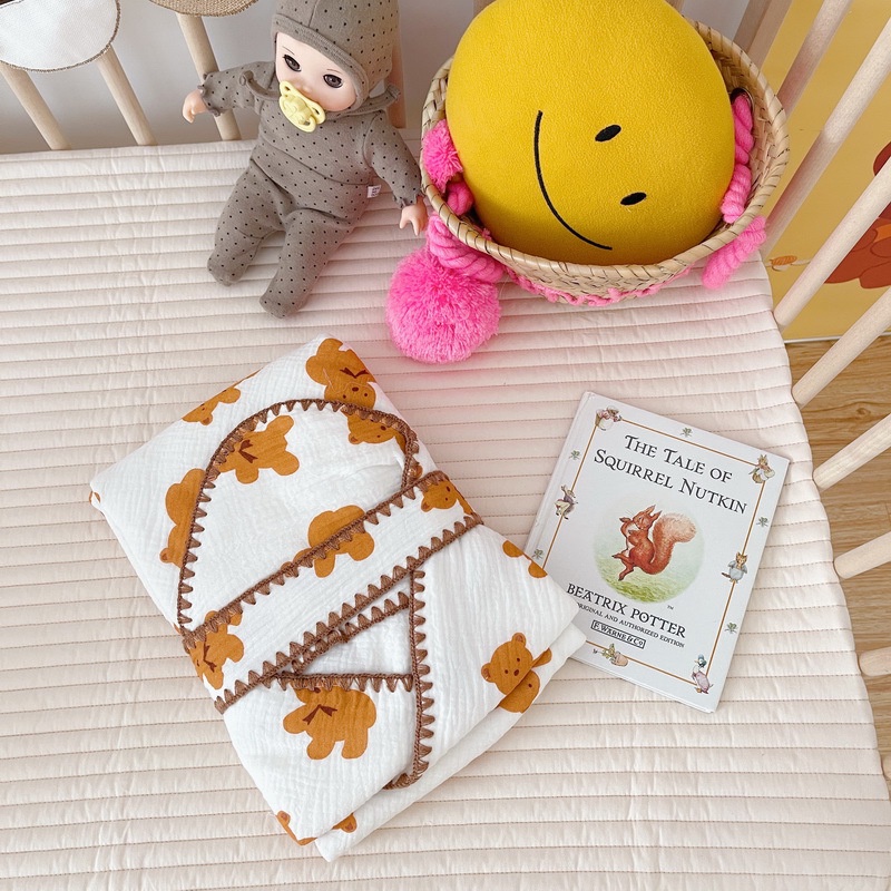 Khăn ủ choàng cotton organic, chăn ủ có mũ cho bé HolaKids Decor