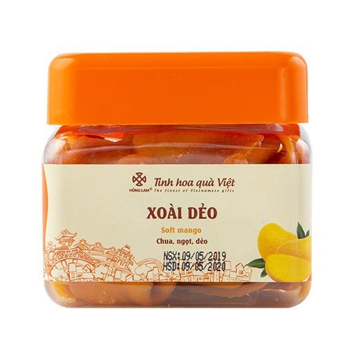 Xoài dẻo thượng hạng Hồng Lam, dạng hộp (200gr, 300gr, 500gr) và gói (200gr). Có vị chua, ngọt, dẻo