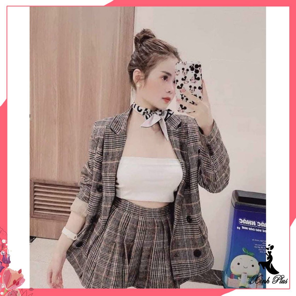 Set vest caro chân váy xếp ly 3 món sang chảnh (có lót quần)