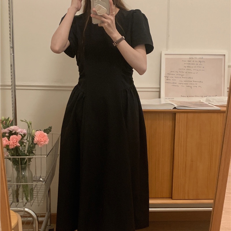 Đầm SUXI tay ngắn cổ tròn đơn giản phong cách Hàn Quốc