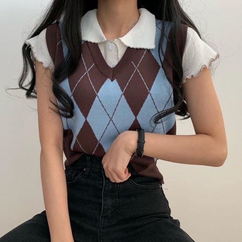 Áo len gile nữ croptop họa tiết kẻ caro phong cách Hàn Quốc