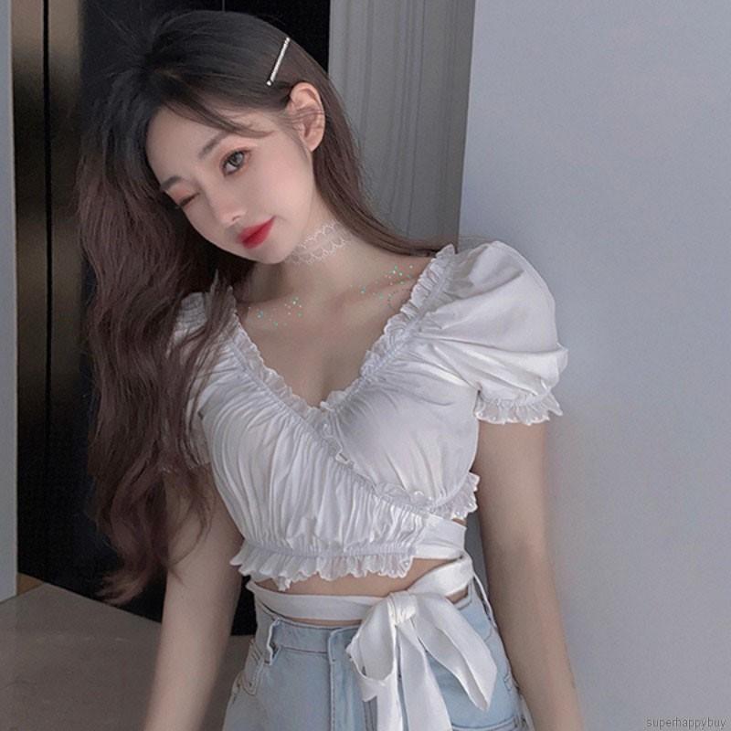 Áo Crop Top Tay Ngắn Cổ Chữ V Màu Trơn Gợi Cảm Sành Điệu Cho Nữ