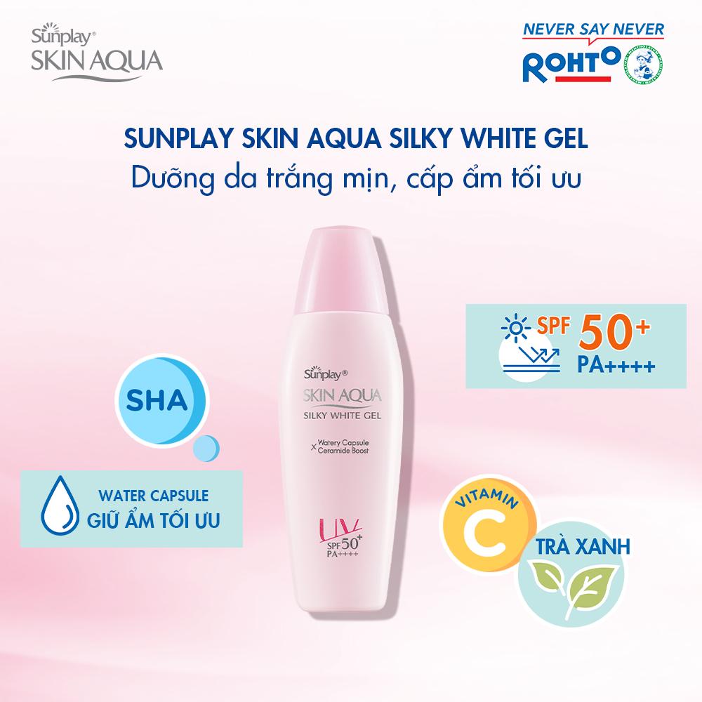 Gel chống nắng dưỡng trắng cho da khô Sunplay Skin Aqua Silky White Gel SPF 50+ PA++++ 70g