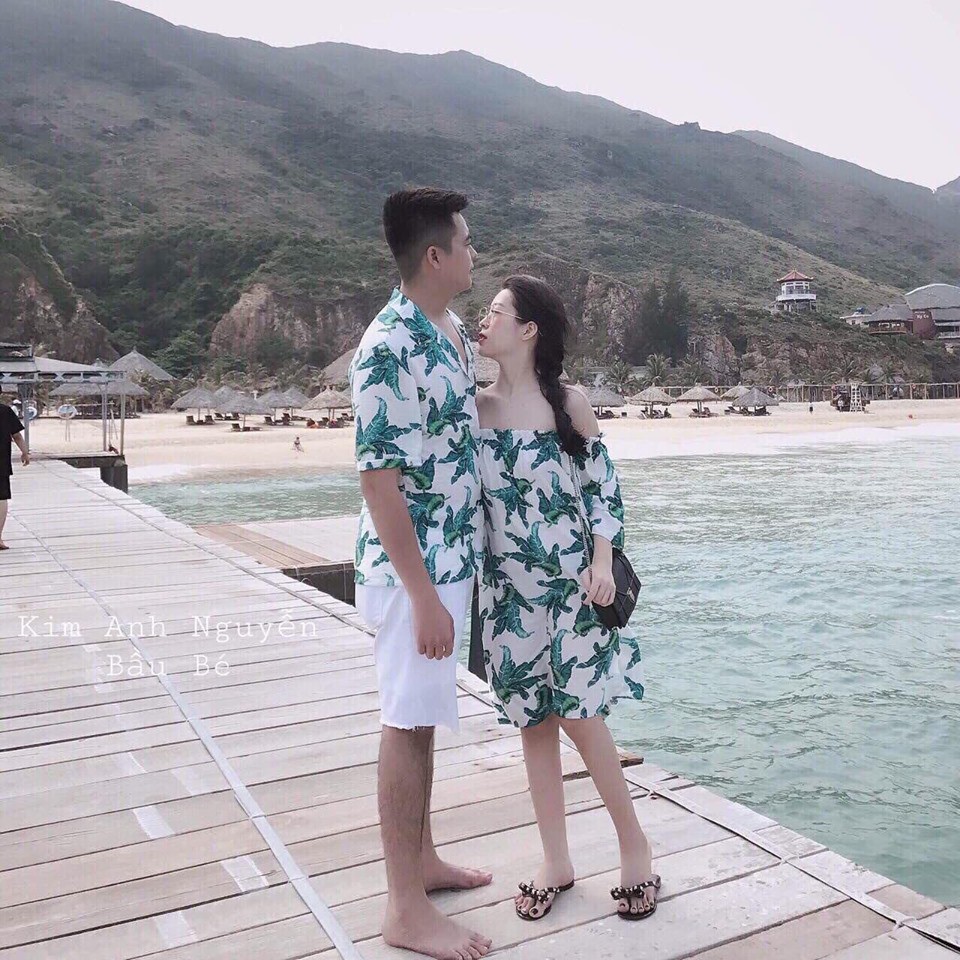 Set cặp nam nữ : đầm suôn trễ vai + áo somi