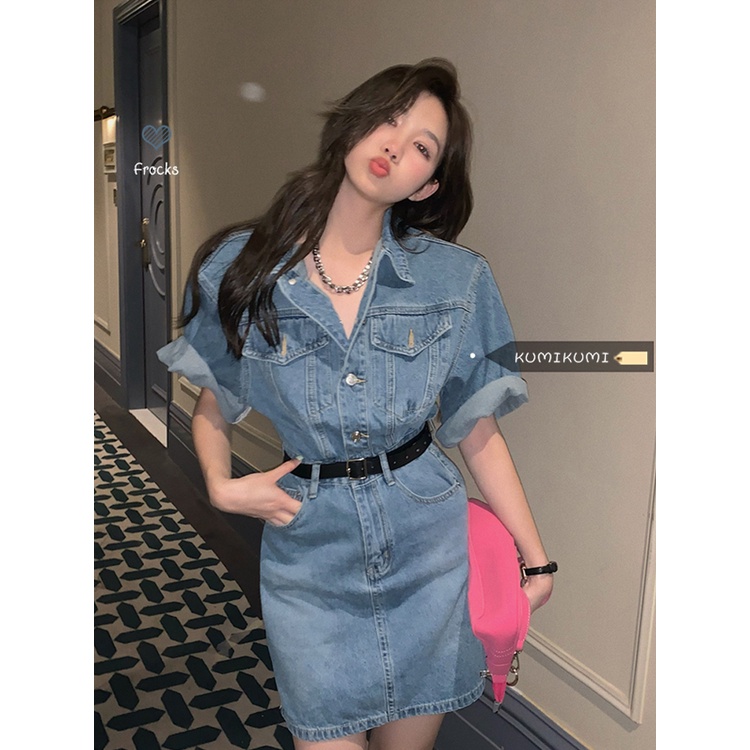 (ORDER) Váy sơ mi Jeans denim cổ bẻ cài dọc khuy, kèm đai lưng dáng A-line cá tính sang trọng Hong Kong