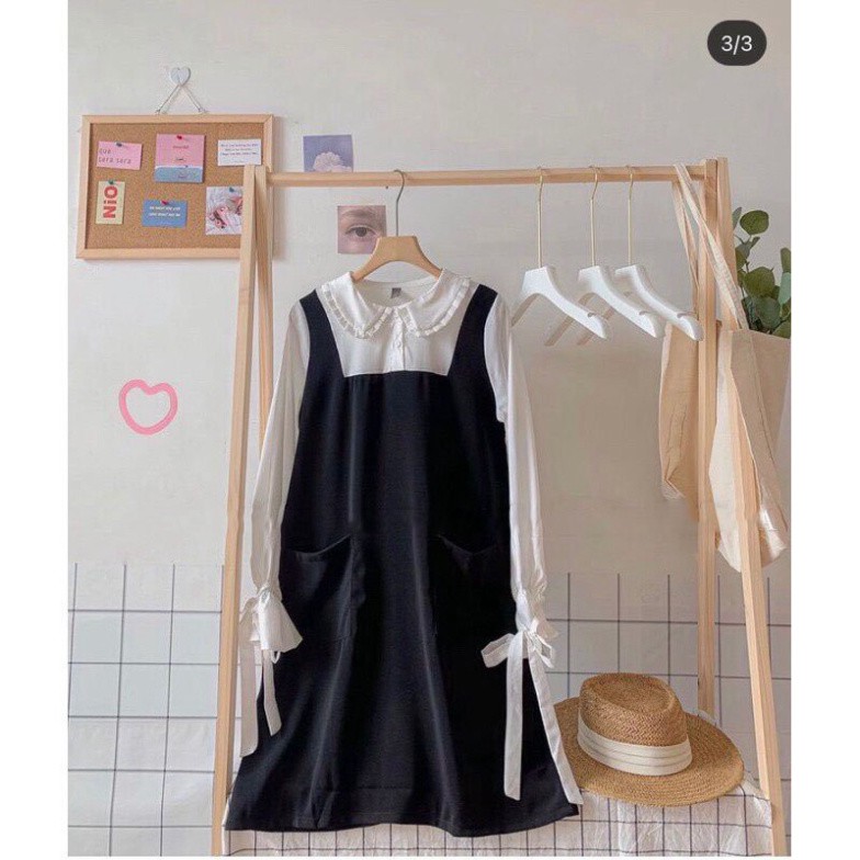 Set đồ nữ váy yếm form rộng màu đen phối cùng áo sơ mi trắng tay bèo_TopOneStore
