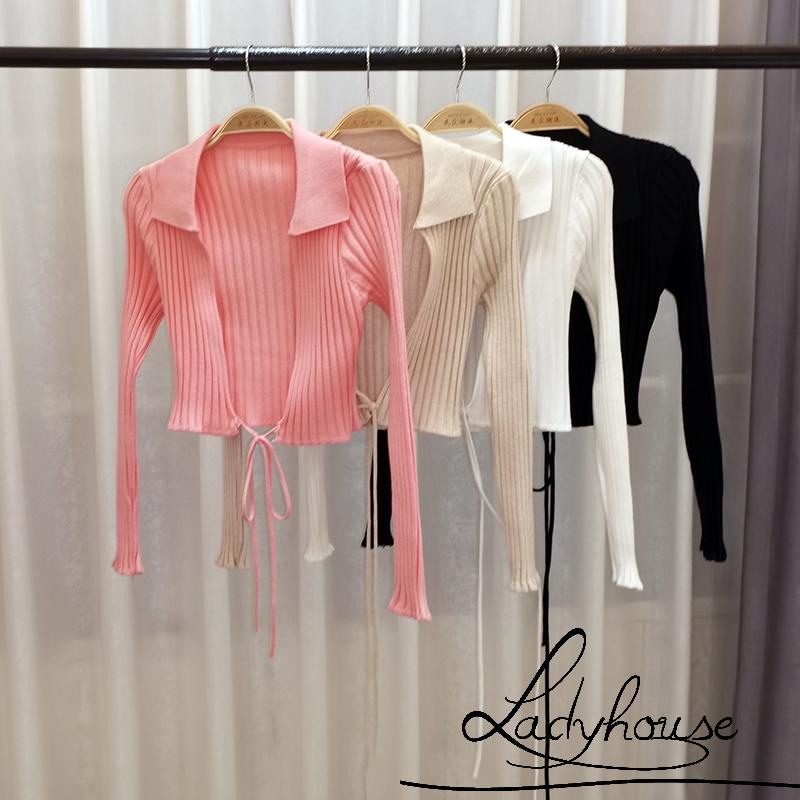 Áo Croptop Dệt Kim Tay Dài Cổ Chữ V Màu Trơn / Trắng / Mơ / Hồng Thời Trang Mùa Xuân