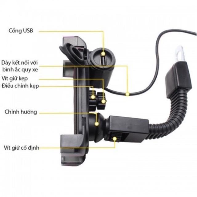 Kẹp Điện Thoại Gắn Xe Máy kiêm Bộ sạc USB điện thoại gắn trên Mô tô, xe máy, xe đạp...