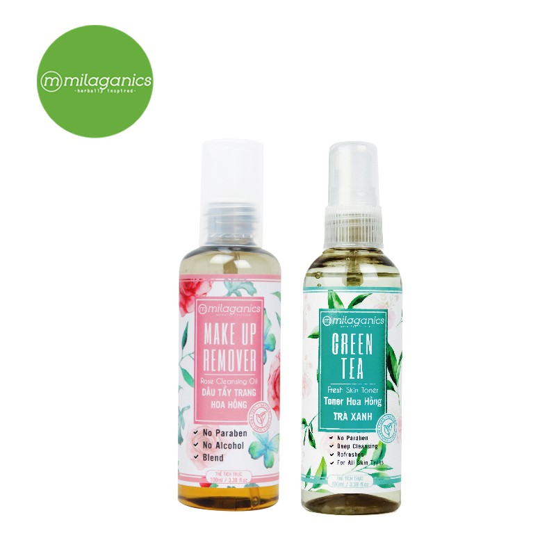 COMBO TẨY TRANG Toner Trà xanh 100ml+ Dầu Tẩy trang Hoa hồng MILAGANICS 100ml | BigBuy360 - bigbuy360.vn