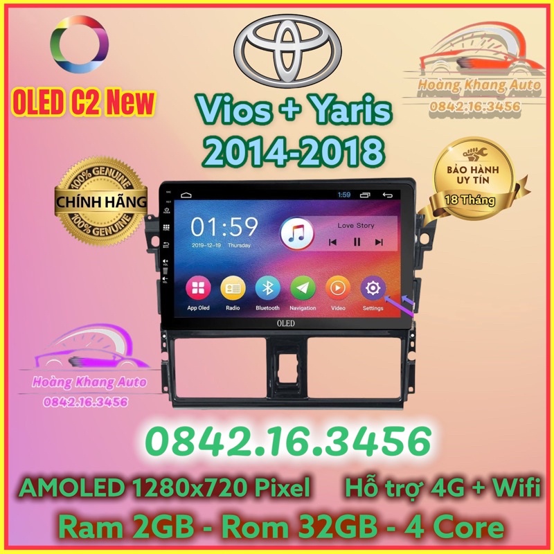 Màn hình Android OLED C2 New Theo Xe Vios + Yaris 2014 - 2018, 10 inch kèm dưỡng và jack nguồn zin
