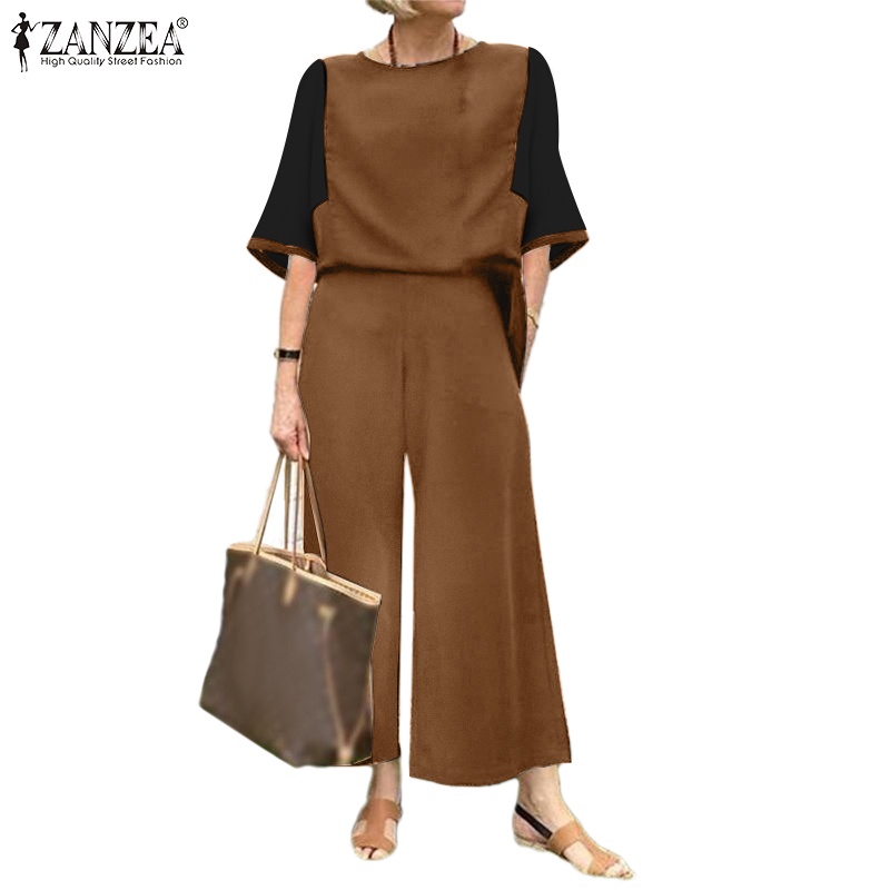 Bộ độ ZANZEA gồm áo tay lỡ 3/4 phối màu tương phản và quần eo co giãn thời trang cho nữ