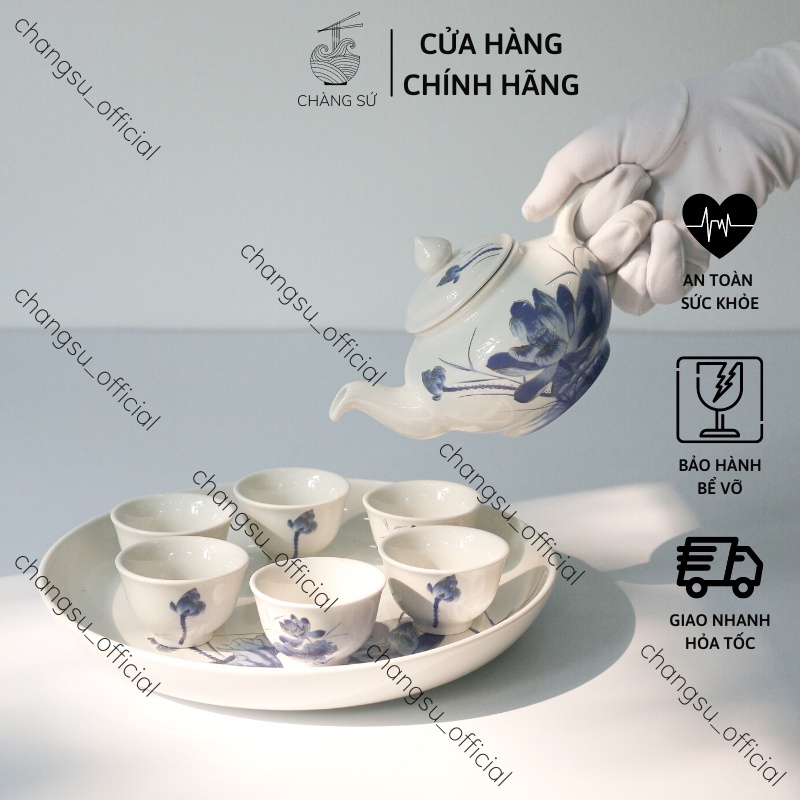 Bộ ấm chén uống trà cao cấp kèm khay sâu lòng - Set ấm trà sứ Minh Châu hoa sen sang trọng - Vỡ 1 đổi 1