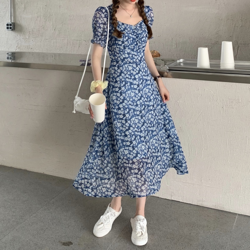 Đầm Tay Ngắn Chất Chiffon Hoạ Tiết Hoa Thiết Kế Cổ Chữ V Nữ Tính | BigBuy360 - bigbuy360.vn