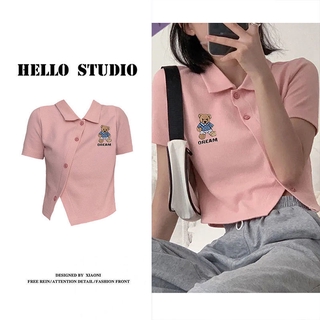 Áo Croptop Nữ Cổ Polo Dáng Ôm Cao Eo Họa Tiết Con Gấu Dễ Thương Phong Cách Hàn Quốc