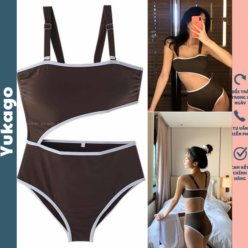 Bikini đi biển liền thân màu nâu viền trắng chất thun lạnh Hot 2022 Yukago SF495