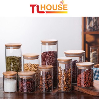 Hũ thủy tinh nắp gỗ cao cấp đựng thực phẩm, lọ gia vị tròn nút tre  – TALI HOUSE