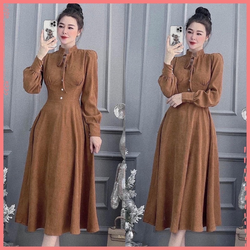 Váy nhung tăm nâu tay bồng cúc ngọc, chân váy xoè Lolita. Đầm vintage cổ nơ công sở