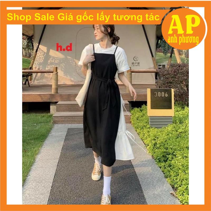 [Mã FAMAYWA2 giảm 10K đơn 50K] Sét Váy 2 dây đi biển buộc eo Vintage Tiểu thư + áo thun trắng phong cách Hàn Quốc | BigBuy360 - bigbuy360.vn