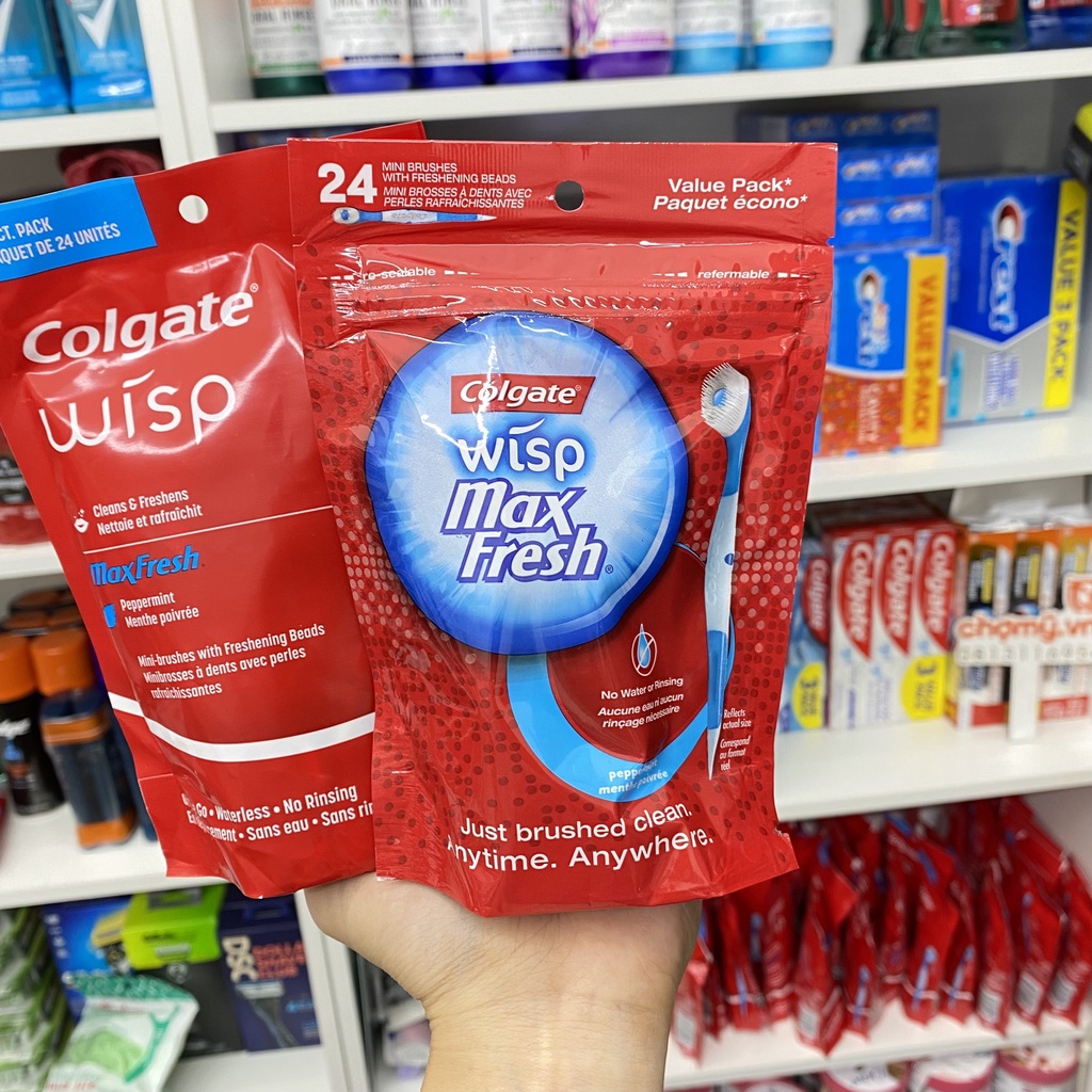 NHẬP MỸ - BÀN CHẢI ĐÁNH RĂNG MINI CÓ SẴN KEM COLGATE MAX FRESH WISP DISPOSABLE MINI TOOTHBRUSH, PEPPERMINT - 24C
