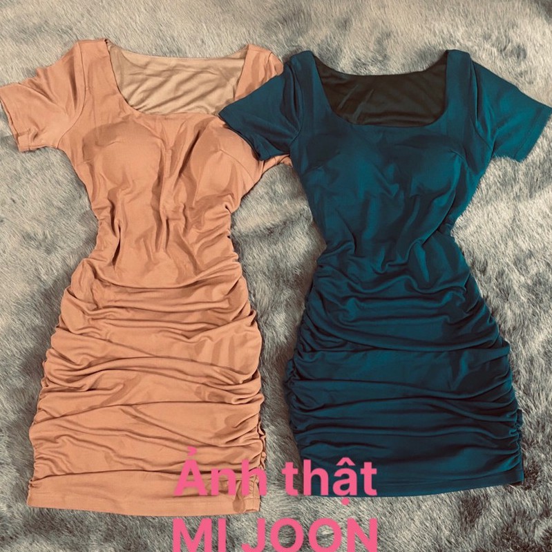 [ MI JOON ] đầm váy body cổ vuông 2 lớp lót tay ngắn có mút ngực nhún sườn 2 bên hở eo thân sau | BigBuy360 - bigbuy360.vn