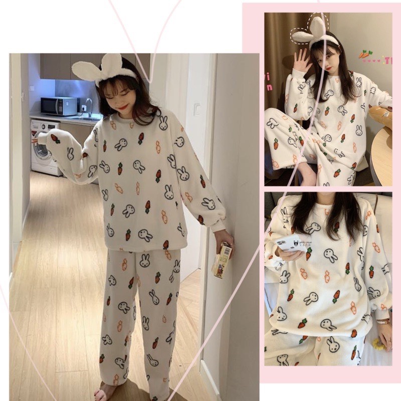 Bộ ngủ nữ đáng yêu siêu nhẹ giữ nhiệt, bộ ngủ cute chất liệu lông cừu siêu ấm | BigBuy360 - bigbuy360.vn