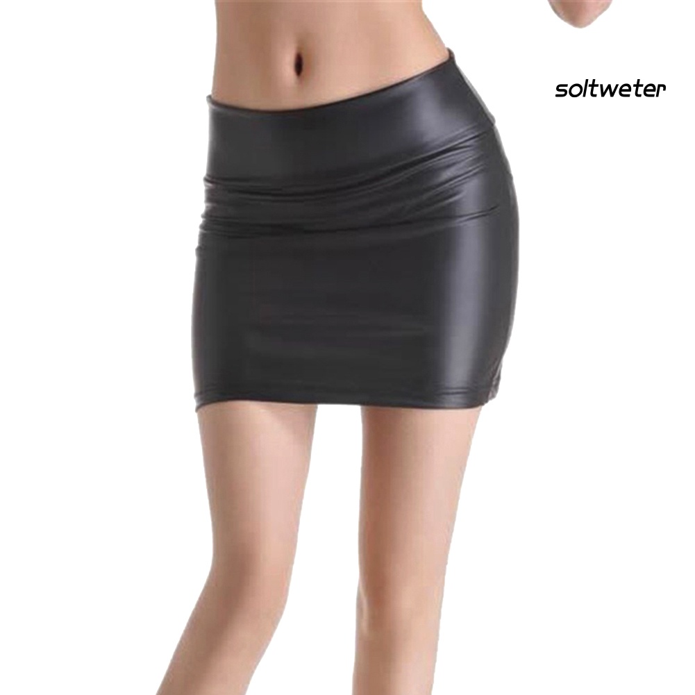 Chân Váy Bút Chì Mini Lưng Cao Bằng Da Giả Xẻ Tà Thời Trang Cho Nữ