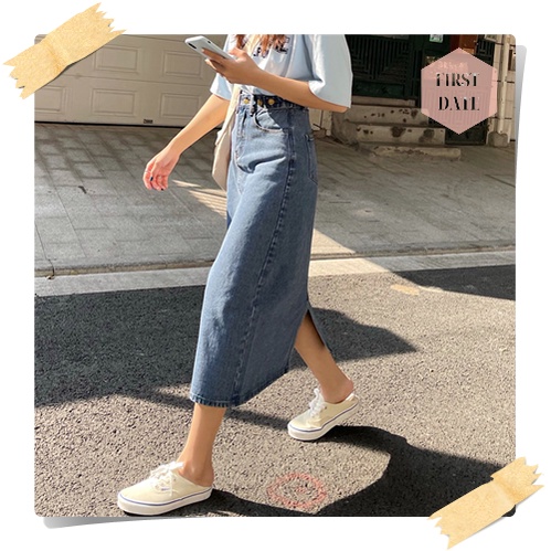 (SẴN) Chân Váy bò dài FIRST DATE chân váy jean denim  chữ A chân váy jeans trơn basic đơn giản dễ phối | BigBuy360 - bigbuy360.vn