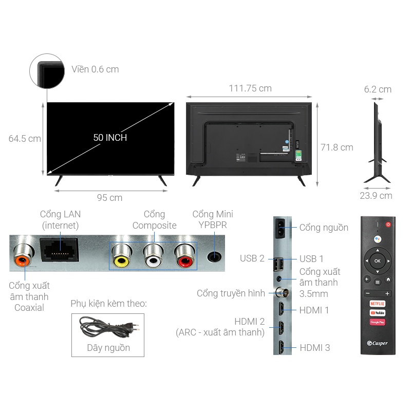 Android Tivi Casper 4K 50 inch 50UGA610 - Điều khiển bằng giọng nói - BẢO HÀNH CHÍNH HÃNG 2 NĂM TẬN NƠI